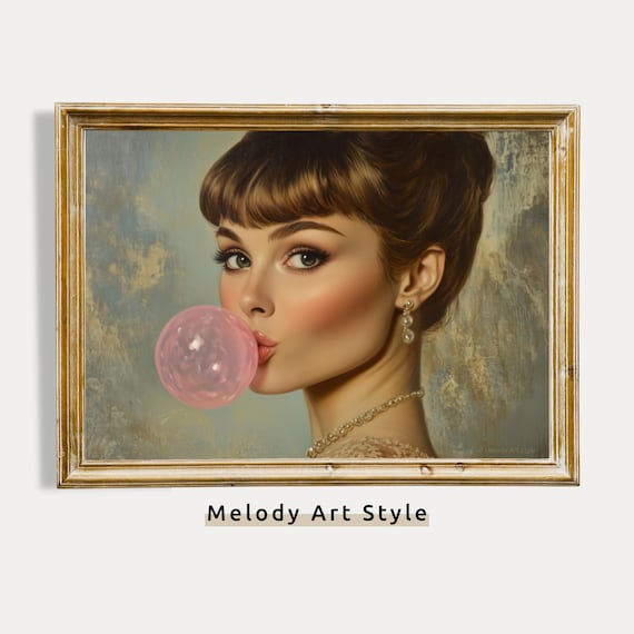 Retro Lady Blowing Bubble Gum Printable Wall Art, Pop Art Wall