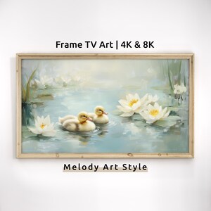 Art de la télévision cadre bébé canards, peinture étang nénuphar, décoration animal de printemps, art cottagecore shabby chic pour la télévision, oeuvre d'art numérique F255