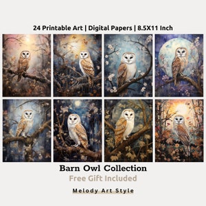 Schleiereule druckbare Kunst Vollmond Eule Porträt Ölgemälde elegante Hintergrundbilder Karte Papiere Set Digital Download D52