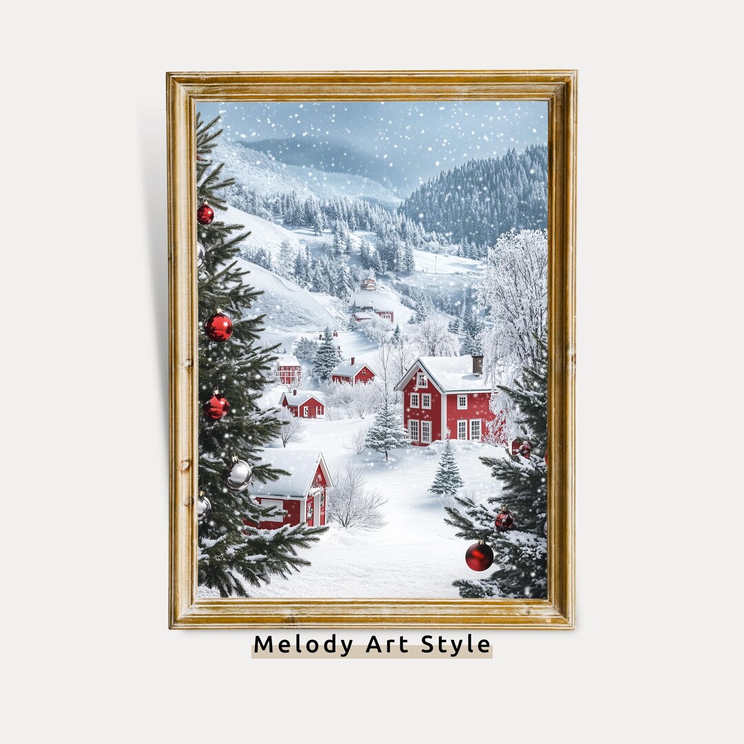 Christmas Rustic Snowy Village Printable Wall Art | Red Cabins Poster ...