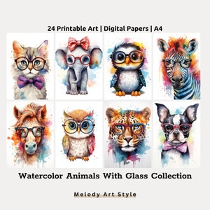 Arte imprimible de animales con anteojos en acuarela, lindos animales para el regreso a clases, diario basura para niños, descarga digital D151