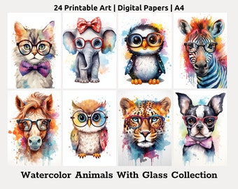May include: A set of 8 digital printable papers featuring watercolor illustrations of animals wearing glasses. The animals include a cat, elephant, penguin, zebra, horse, owl, leopard, and dog. The illustrations are in a colorful watercolor style with splashes of color.