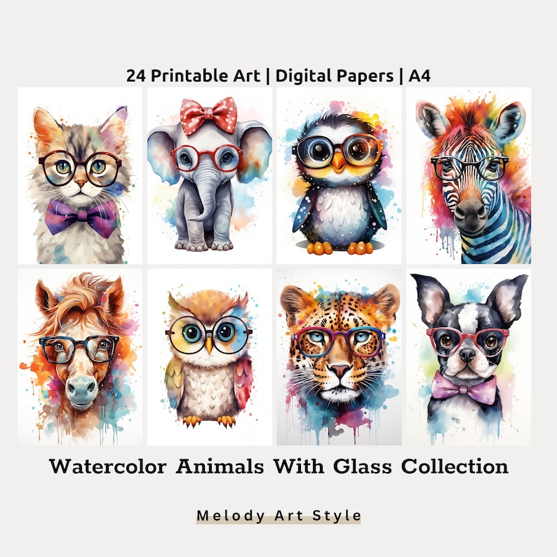 Watercolor Animal With Glasses Printable Art, Cute Animals Back to ...