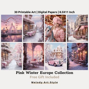 Europe enneigée art imprimable Noël rose, conception de papier numérique hiver, toile de fond pastel, fabrication de cartes en téléchargement numérique D87
