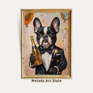 Arte de pared para fiesta de bulldog francés, impresión de fiesta de perro con esmoquin, decoración festiva para cumpleaños, aniversarios, Año Nuevo, descarga digital instantánea P336