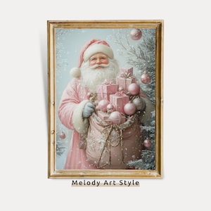 Pink Santa Wall Art, Christmas Gifts Oil Painting Festive Holiday Printable Art Winter Print Santa Claus Digital Download P126