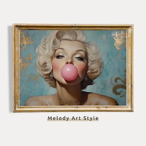 May include: A woman with blonde hair and a pink bubblegum in her mouth. She is wearing a gold necklace and has a blue and gold background.