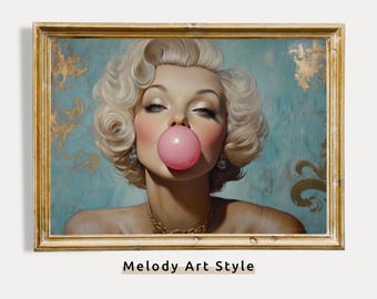 Retro Lady Blowing Bubble Gum Printable Wall Art, Pop Art Wall