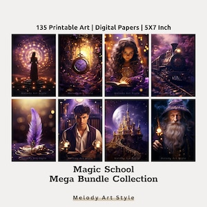 Wizard Academy 135 Images Bundle Printable Art Purple Gold Digital Paper Magic School Background Fantasy Junk Journal Digital Download D107