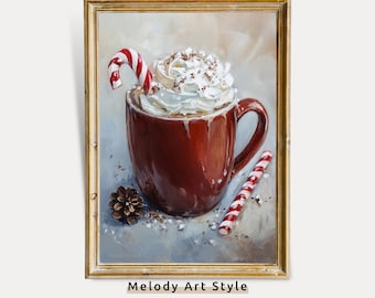 Weihnachten heißer Kakao druckbare Kunst | Warmes festliches Becher-Getränk für Weihnachtskaffee-Bar Gemütliches Küchendekor für Feiertags-Kaffeebar P178