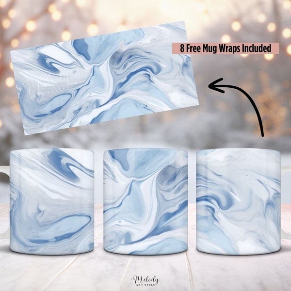 Blue Marble Mug Sublimation Design, 11oz and 15oz Mug PNG Wrap, Blue Marble Pattern Cup Wrap PNG Digital Download