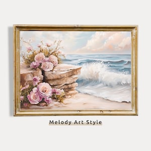 Coastal Floral Printable Wall Art, Pink Roses by the Sea, Shabby Chic Beach Summer Wall Decor, Ocean Flower Painting, Digital Download P601