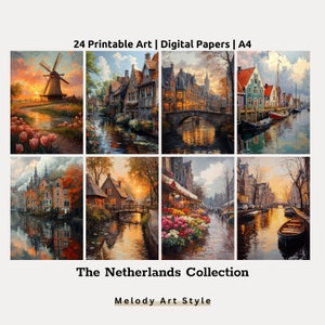 Arte imprimible de los Países Bajos, impresiones artísticas de paisajes holandeses, conjunto de papel digital con escenas de canales y molinos de viento, descarga digital D153