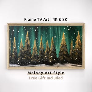 Pode incluir: Uma pintura emoldurada que representa uma cena de floresta nevada com uma aurora boreal verde e dourada no fundo. A pintura está no "estilo Melody Art" e inclui um presente grátis.
