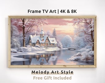 Pastel Christmas Village Frame TV Art 4K 8K Pink  Sunrise Landscape Winter Cabin Decor Samsung Frame TV Art Digital Download F24