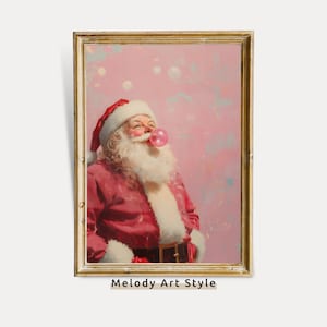 May include: A painting of Santa Claus blowing a pink bubble with a pink background. The painting is framed in a gold frame.