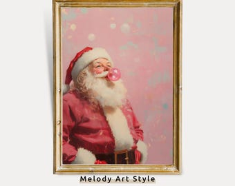 Pink Santa Printable Wall Art | Santa Claus Bubble Gum Oil Painting Fun Holiday Artwork Christmas Digital Download P309