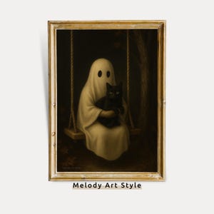 Ghost and Black Cat Halloween Art Dark Academia Printable Wall Art Moody Vintage Ghost Painting Gothic Halloween Decor Digital Download P640