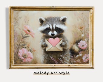 Valentine's Day Raccoon Printable Heart Envelope Wall Art, Cute Woodland Raccoon Print Love Decor Pastel Floral Animal Digital Download P437