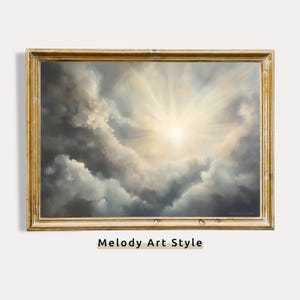 Heavenly Light in the Clouds, Spiritual Printable Wall Art, Sunlight Rays Painting, Divine Atmosphere, Digital Download P466