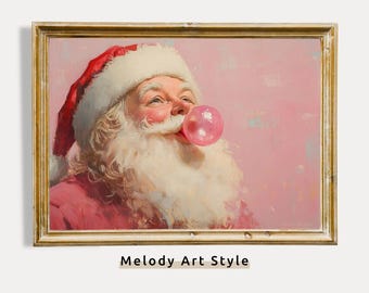 Pink Santa Printable Wall Art | Santa Claus Bubble Gum Oil Painting Fun Holiday Artwork Christmas Digital Download P308
