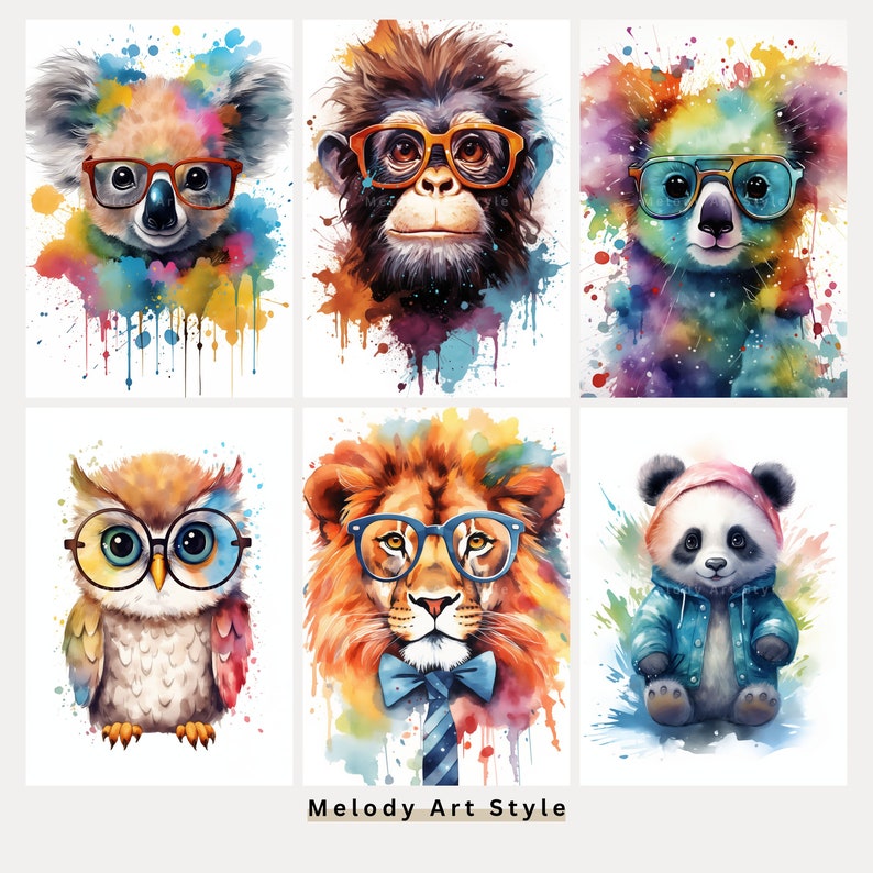 Watercolor Animal With Glasses Printable Art, Cute Animals Back to ...