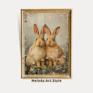Väggkonstmålning med vintagekaniner, par med vårskogskaniner, utskrivbar rustik oljemålning med påskhare, prägbar skogsdekoration P12