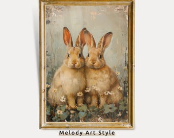 Vintage Bunnies Wall Art Painting, Spring Forest Rabbit Pair, Printable Easter Bunny Rustic Oil Painting Poster Pintable Woodland Decor P12