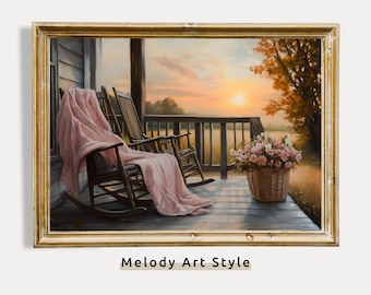 Rustic Porch Sunset Wall Art, Country Farmhouse Rocking Chair Print, Autumn Decor Warm Sunset Landscape, Vintage Country Printable P382