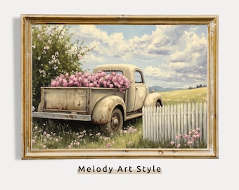 Rustic Vintage Truck Wall Art, Country Farmhouse Printable Pink Flowers Countryside Decor Floral Cottagecore Landscape Digital Download P428