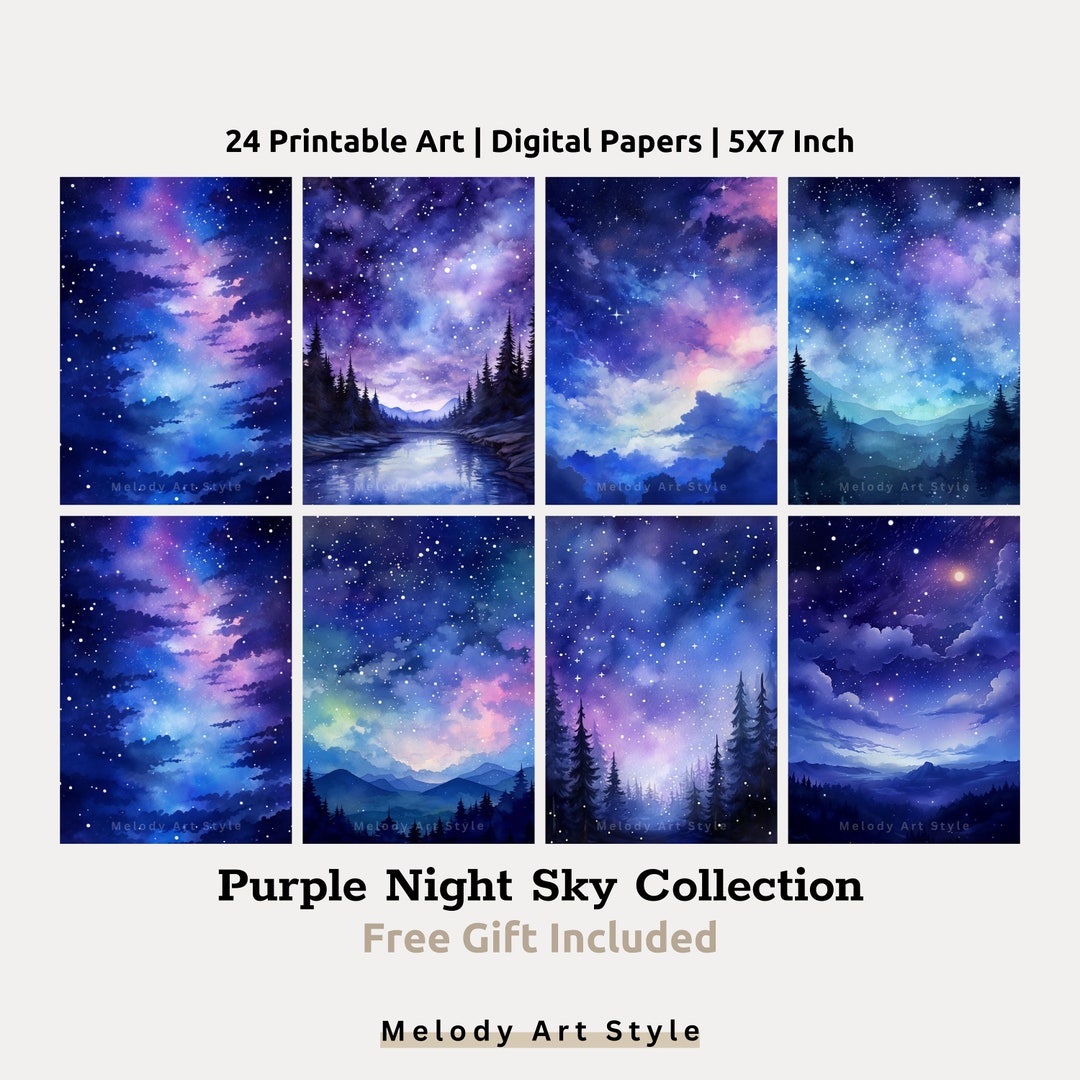 Night Sky Printable Art, Watercolor Purple Night Sky Landscape Digital