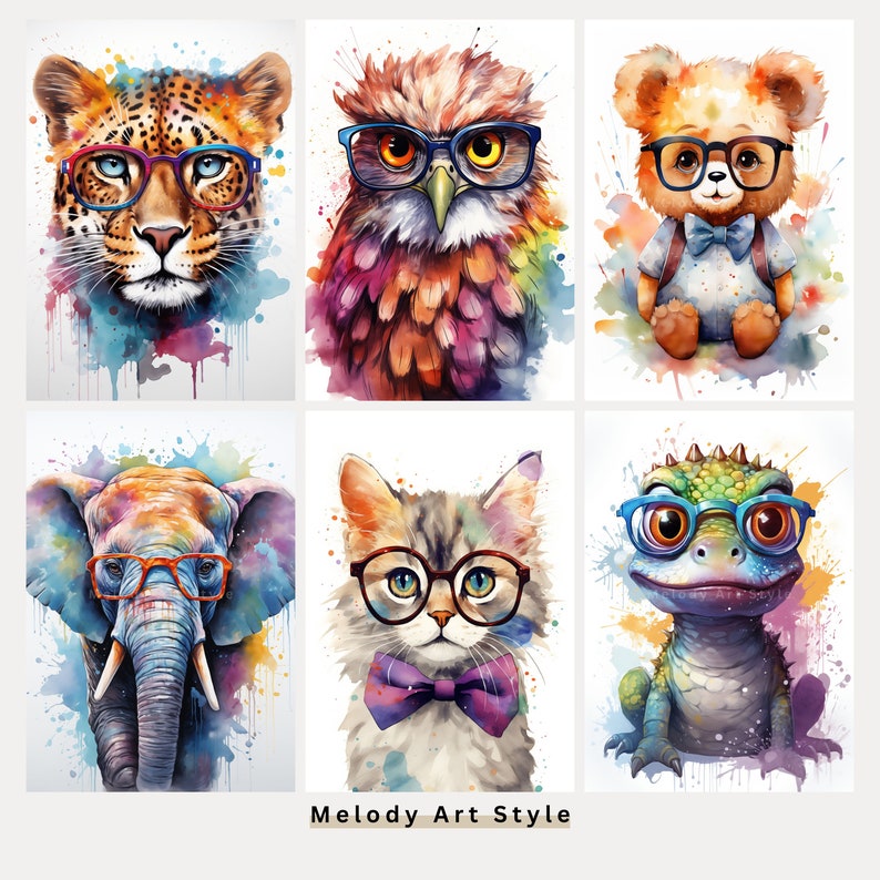 Watercolor Animal With Glasses Printable Art, Cute Animals Back to ...