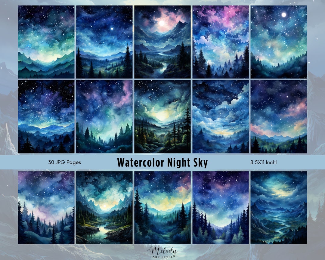 Watercolor Night Sky Digital Paper Set, Starry Night Junk Journal ...