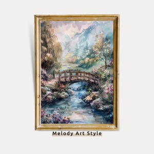 Countryside Stream and Wooden Bridge Wall Art Nature Landscape Decor Springtime Mountain Vintage Oil Painting Digital Download P105