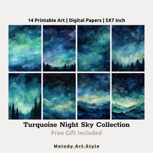 Türkis Nachthimmel druckbare Kunst, Aquarell Lila Nachthimmel Landschaft Digitales Papier, Junk Journal, Scrapbook, digitaler Download D121