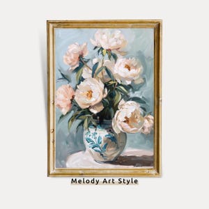 Jarrón de peonías color crema, pintura al óleo, arte de pared floral antiguo de Pascua, pintura de primavera vintage, póster imprimible, decoración del hogar, descarga digital P8