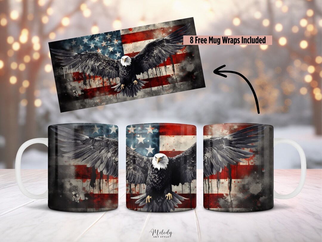 Patriotic Eagle Mug Sublimation Design, 11oz and 15oz Mug PNG Wrap