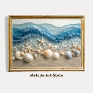 3D Beach Mosaic Wall Art Coastal Seashell and Starfish Printable Holiday Decor Nautical Ocean Waves Artwork Summer Digital Download P212