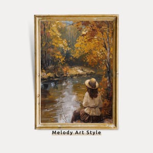 Pintura al óleo imprimible sobre la orilla del río en otoño, arte de pared otoñal, hojas doradas de otoño, póster rústico, dama junto al agua, paisaje, descarga digital P103