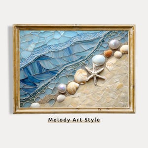 3D Beach Mosaic Wall Art Coastal Seashell and Starfish Printable Nautical Decor Ocean Waves Artwork Summer Digital Download P211