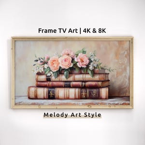 May include: A framed painting of a stack of antique books with a bouquet of pink roses on top. The painting has a vintage, romantic feel and is titled "Melody Art Style".