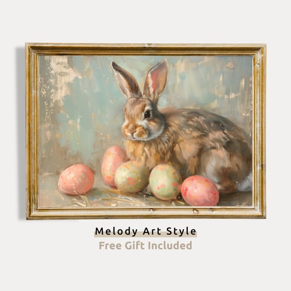 Rustic Bunny and Pastel Easter Eggs Canvas Print Cozy Cottagecore Vintage Wall Art Printable Easter Rabbit Spring Digital Download P36