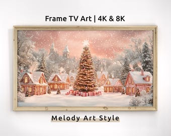 Pink Snowy Christmas Village Frame TV Art 4K 8K Holiday Wonderland Oil Painting Christmas Tree Winter Wonderland Screensaver Wallpaper F121