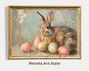 Impresión en lienzo de conejo rústico y huevos de Pascua pastel, acogedor arte de pared vintage cottagecore, imprimible, conejo de Pascua primaveral, descarga digital P36