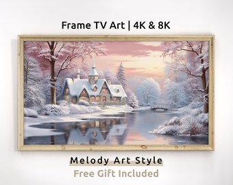 May include: A framed painting of a snowy winter scene with a house, a bridge, and a lake. The house is a large, white building with a pointed roof and a chimney. The bridge is a small, wooden structure that crosses the lake. The lake is frozen over and covered in snow. The sky is a soft pink and orange color. The painting is in a wooden frame. The text "Frame TV Art | 4K & 8K" is at the top of the image. The text "Melody Art Style" and "Free Gift Included" is at the bottom of the image.