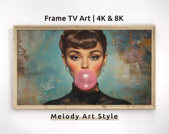 Woman with Bubble Gum Frame TV Art | 4K & 8K Retro Style Art for TV | Fun Holiday Artwork for Fashion Lovers Digital Download F152