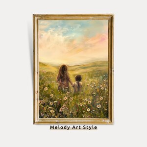 Póster de paisaje de atardecer en prado con arte de pared vintage para madre e hijo, campo de flores silvestres de primavera, decoración de pared para momentos familiares imprimible, descarga digital P94