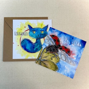 felicitaciones • buena suerte • postal • tarjeta cuadrada • gato • mariquita • trébol • naturaleza • gato azul • regalo