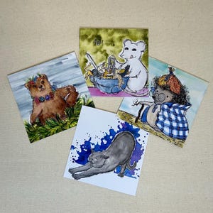 ours hippie • souris • hérisson • chat qui s'étire • British shorthair • carte postale • carte carrée • drôle • aquarelle • automne • cadeau