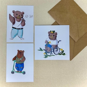 Orso • cartolina • divertente • divertente • biglietto di auguri A6 • City Roller • sedia a rotelle • Freddie Mercury • biglietto quadrato • pennarello Copic Ciao